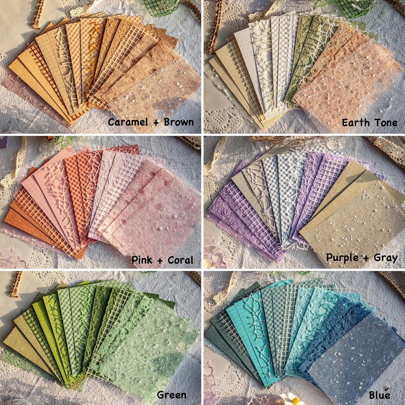ARTSMONA 96 Sheets Textured Scrapbook Paper and Mesh Fabric Assorted Set - 6 Pack Mixed Special Paper for Scrapbooking Planner Bullet Junk Journal Supplies Mixed Media Collage Card Embellishments 3.9x5.5 Inch - Image 3